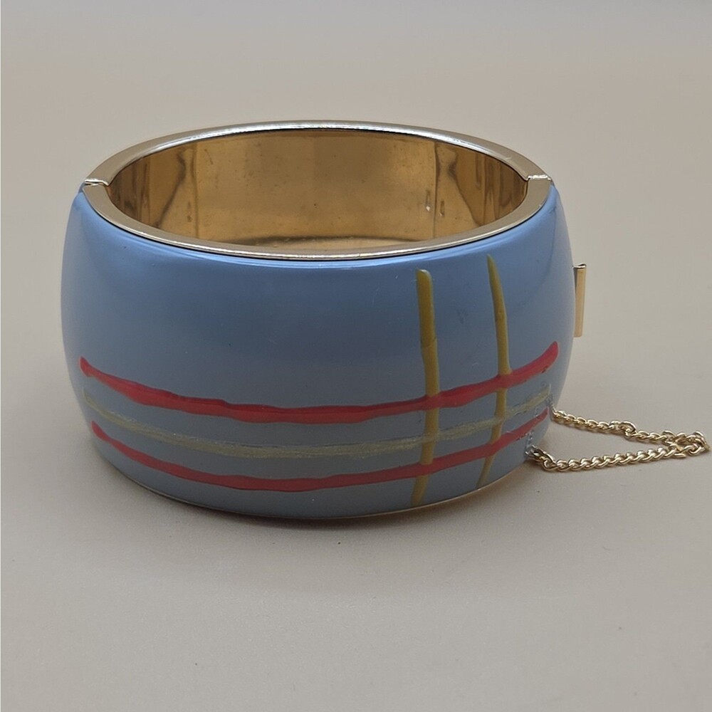 Vintage Enamel Clamper Bracelet Red Grey Red Gold Plaid 80's Bangle Chunky Retro